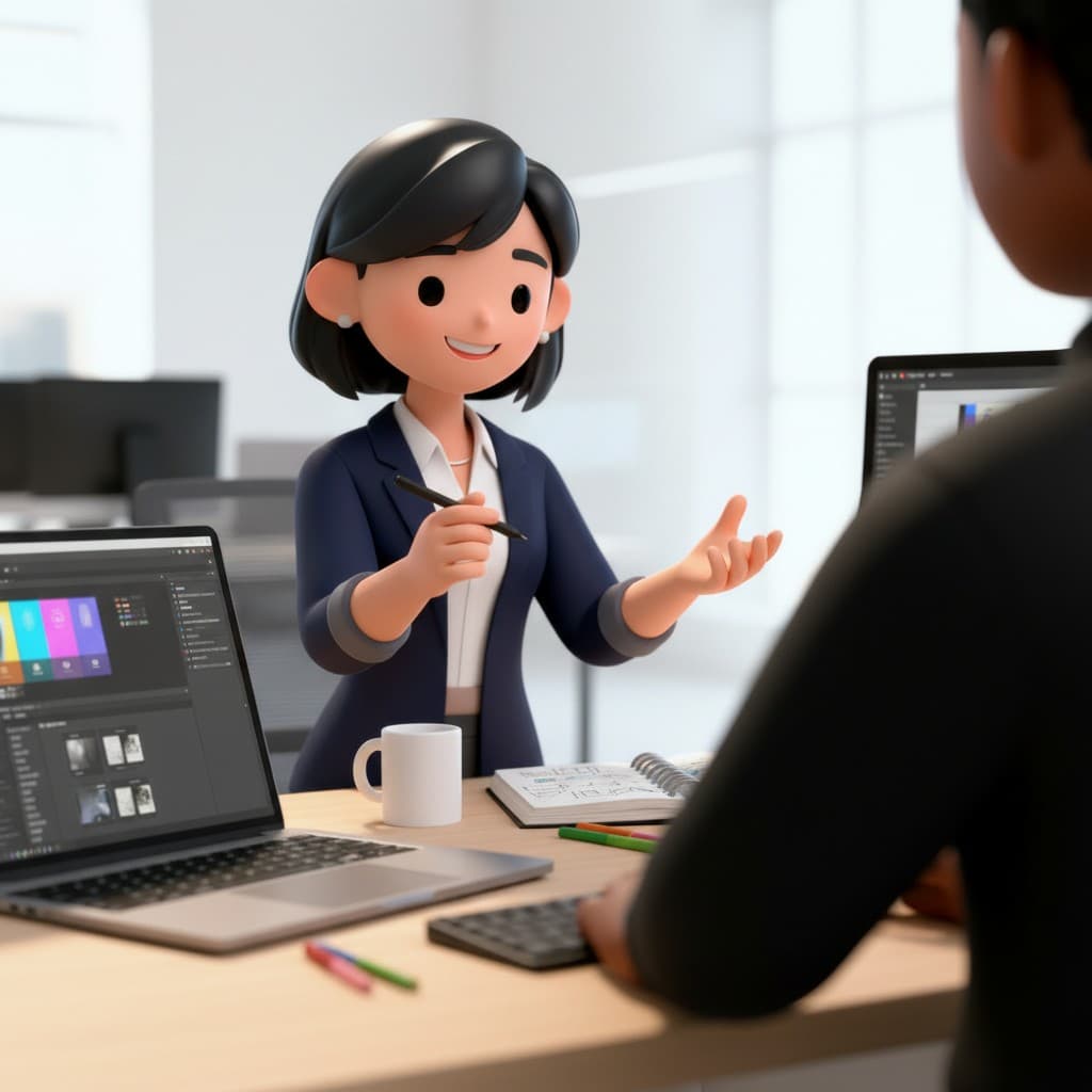 Illustration of a designer explaining work across a desk with a laptop showing UI tools and sketches.