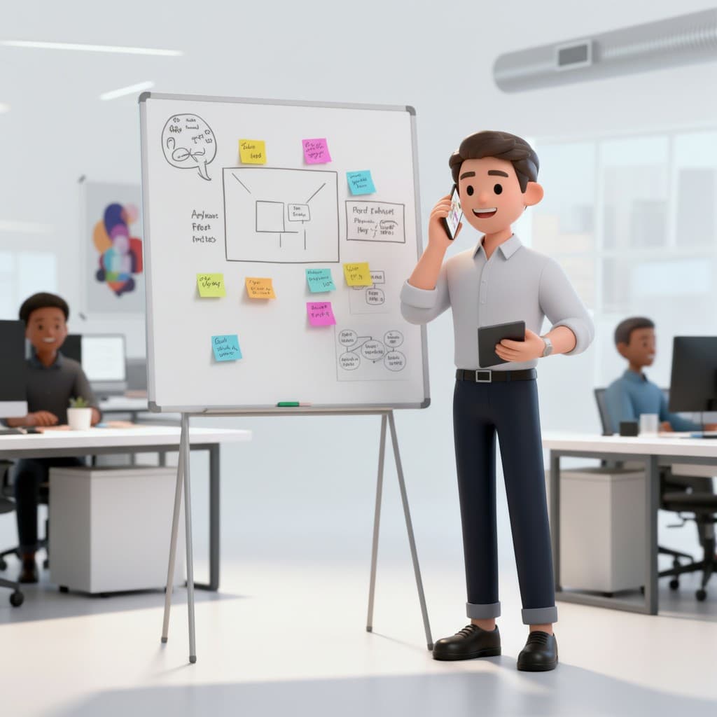 Illustration of someone on the phone with a tablet beside a whiteboard with notes — we reply from the same studio.